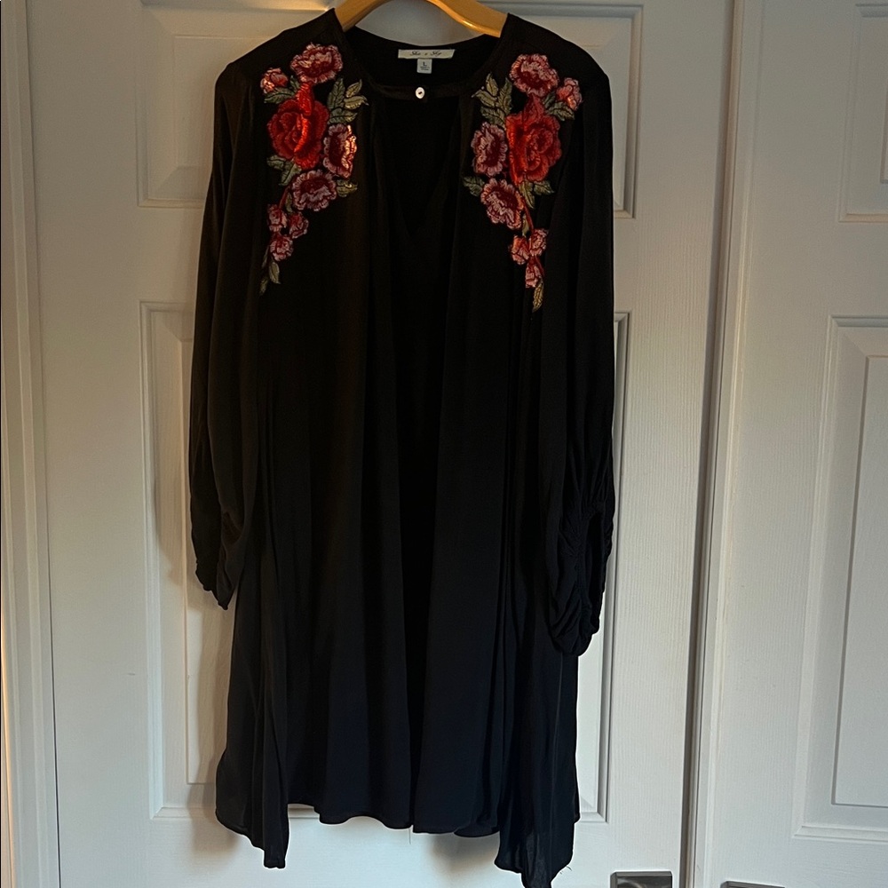 She + Sky Black Dress with Red Floral Embroidery